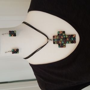 Necklace and earring set. Metal with mult-colored inset stones.